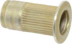 Made in USA - #10-24, 0.296 Insert Diam, 0.585" OAL, Knurled Body Open End Threaded Insert - 0.2969" Hole Diam, 0.415" Head Diam, 1008/1010 Steel, Clear Protective Coating & Zinc Yellow Dichromate Finish - Industrial Tool & Supply