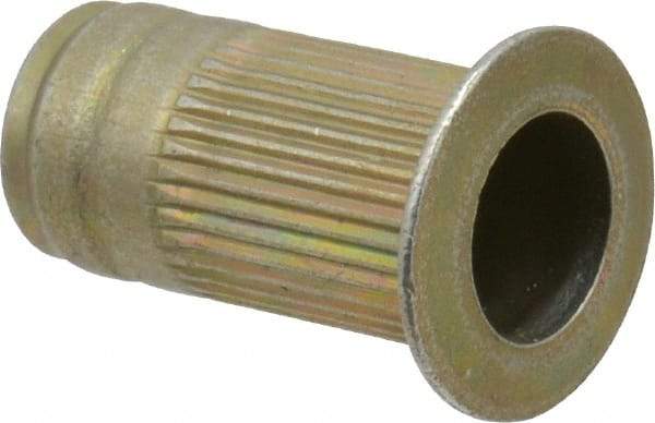 Made in USA - #10-32, 0.296 Insert Diam, 0.585" OAL, Knurled Body Open End Threaded Insert - 0.2969" Hole Diam, 0.415" Head Diam, 1008/1010 Steel, Clear Protective Coating & Zinc Yellow Dichromate Finish - Industrial Tool & Supply