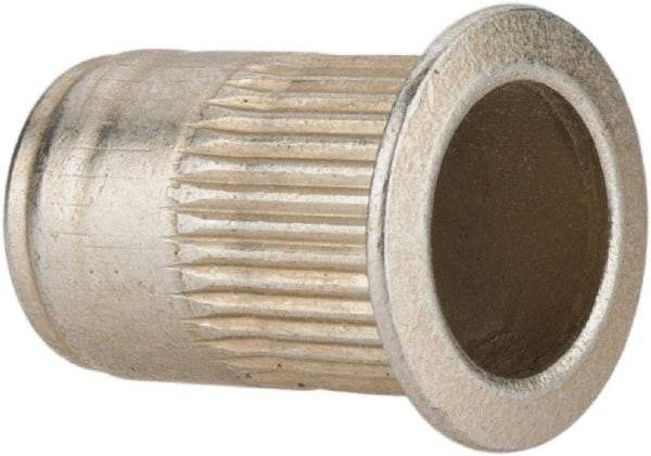 Made in USA - 1/4-20, 0.39 Insert Diam, 0.58" OAL, Knurled Body Open End Threaded Insert - 0.3906" Hole Diam, 1/2" Head Diam, 1008/1010 Steel, Clear Protective Coating & Zinc Yellow Dichromate Finish - Industrial Tool & Supply