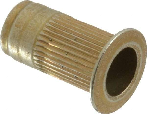 Made in USA - M5x0.80, 7.52mm Insert Diam, 14.86mm OAL, Knurled Body Open End Threaded Insert - 7.6mm Hole Diam, 10.54mm Head Diam, 1008/1010 Steel, Clear Protective Coating & Zinc Yellow Dichromate Finish - Industrial Tool & Supply