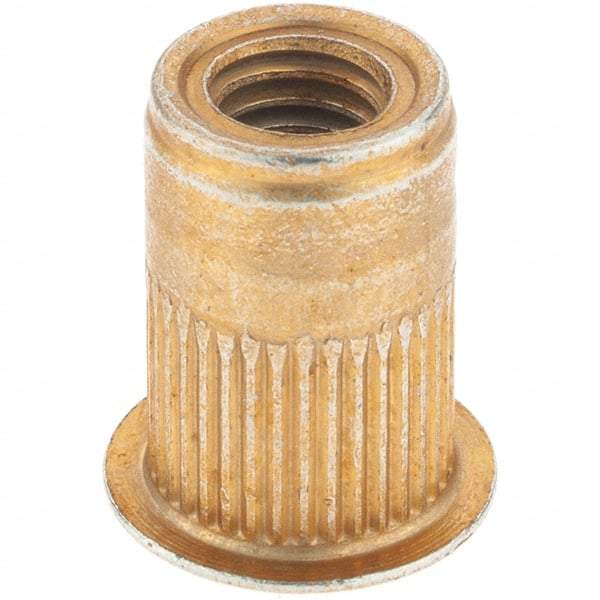 Made in USA - M6x1.00, 9.91mm Insert Diam, 14.73mm OAL, Knurled Body Open End Threaded Insert - 10mm Hole Diam, 12.7mm Head Diam, 1008/1010 Steel, Clear Protective Coating & Zinc Yellow Dichromate Finish - Industrial Tool & Supply