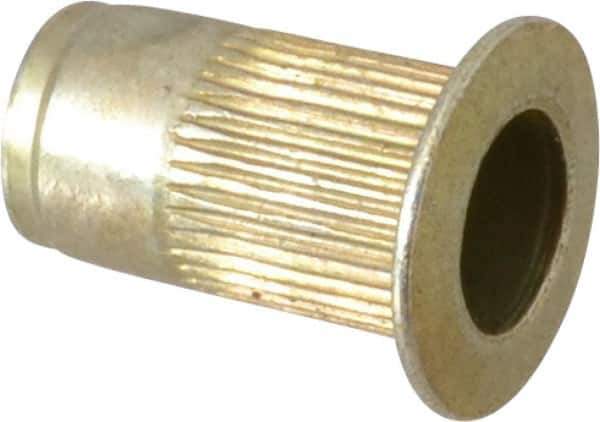 Made in USA - #6-32, 0.265 Insert Diam, 0.47" OAL, Knurled Body Open End Threaded Insert - 0.2656" Hole Diam, 0.39" Head Diam, 1008/1010 Steel, Clear Protective Coating & Zinc Yellow Dichromate Finish - Industrial Tool & Supply