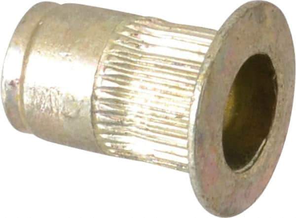 Made in USA - #6-32, 0.265 Insert Diam, 0.42" OAL, Knurled Body Open End Threaded Insert - 0.2656" Hole Diam, 0.39" Head Diam, 1008/1010 Steel, Clear Protective Coating & Zinc Yellow Dichromate Finish - Industrial Tool & Supply