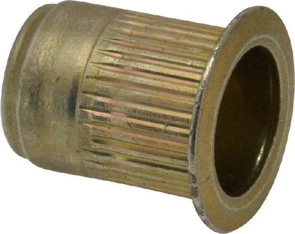 Made in USA - M8x1.25, 13.46mm Insert Diam, 17.53mm OAL, Knurled Body Open End Threaded Insert - 13.5mm Hole Diam, 17.4mm Head Diam, 1008/1010 Steel, Clear Protective Coating & Zinc Yellow Dichromate Finish - Industrial Tool & Supply