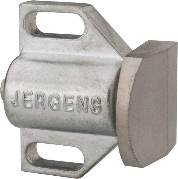 Jergens - 1-1/2" Body Width x 1" Body Len, 3/16" Stroke Len, 1-1/8" Btw Mt Hole Ctrs, Tangless Square Spring Locating Stop - 32 Lb Init End Force, 14 Lb Mid End Force, 32 Lb Final End Force, 1-1/8" Stop Head Width x 1-1/8" Stop Head Height - Industrial Tool & Supply