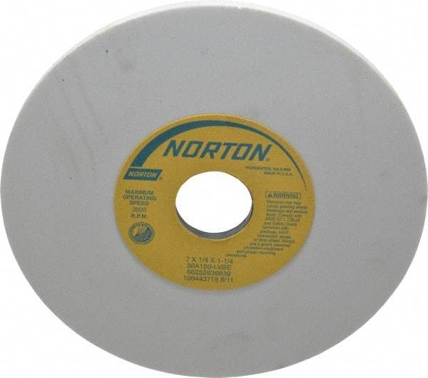 Norton - 7" Diam x 1-1/4" Hole x 1/4" Thick, L Hardness, 150 Grit Surface Grinding Wheel - Aluminum Oxide, Type 1, Very Fine Grade, 3,600 Max RPM, Vitrified Bond, No Recess - Industrial Tool & Supply
