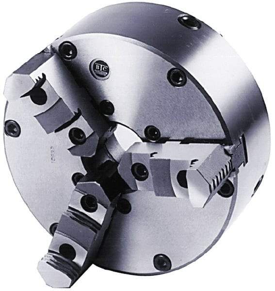 BTC - 3 Jaws, 8" Diam, Self Centering Manual Lathe Chuck - Plain Back Mount Spindle, Adjustable, Reversible, 3,100 Max RPM, 2.264" Through Hole Diam, Cast Iron - Industrial Tool & Supply
