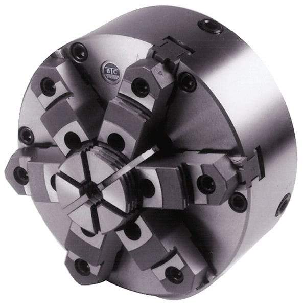 BTC - 6 Jaws, 10" Diam, Self Centering Manual Lathe Chuck - Plain Back Mount Spindle, Adjustable, Reversible, 1,900 Max RPM, 2.835" Through Hole Diam, Cast Iron - Industrial Tool & Supply