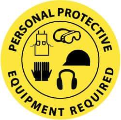 NMC - Personal Protective Equipment Required, Anti-Skid Pressure-Sensitive Vinyl Floor Sign - Round, Black on Yellow, Adhesive Backed, For Accident Prevention - Industrial Tool & Supply