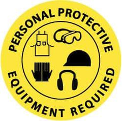 NMC - Personal Protective Equipment Required, Anti-Skid Pressure-Sensitive Vinyl Floor Sign - Round, Black on Yellow, Adhesive Backed, For Accident Prevention - Industrial Tool & Supply