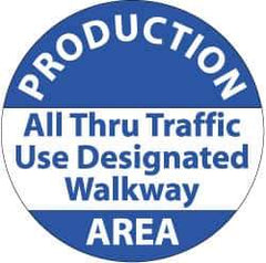 NMC - Production Area - All Thru Traffic Use DeFloor Signated Walkway, Anti-Skid Pressure-Sensitive Vinyl Floor Sign - Round, Blue on White, Adhesive Backed, For Security & Admittance - Industrial Tool & Supply