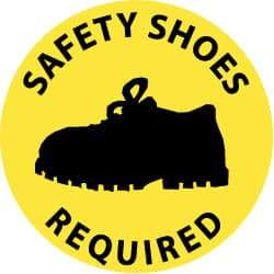 NMC - Safety Shoes Required, Anti-Skid Pressure-Sensitive Vinyl Floor Sign - Round, Black on Yellow, Adhesive Backed, For Accident Prevention - Industrial Tool & Supply