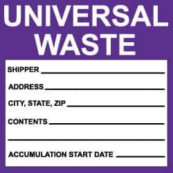 NMC - Hazardous Materials Label - Legend: Universal Waste, English, Black, White & Purple, 6" Long x 6" High, Sign Muscle Finish - Industrial Tool & Supply
