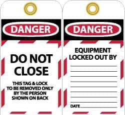 NMC - 3" High x 6" Long, DO NOT CLOSE, English Safety & Facility Lockout Tag - Tag Header: Danger, 2 Sides, Black, Red & White Unrippable Vinyl - Industrial Tool & Supply