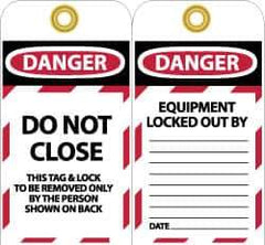 NMC - 3" High x 6" Long, DO NOT CLOSE, English Safety & Facility Lockout Tag - Tag Header: Danger, 2 Sides, Black, Red & White Unrippable Vinyl - Industrial Tool & Supply