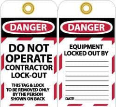 NMC - 3" High x 6" Long, DO NOT OPERATE CONTRATOR LOCK OUT, English Safety & Facility Lockout Tag - Tag Header: Danger, 2 Sides, Black, Red & White Unrippable Vinyl - Industrial Tool & Supply