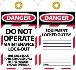 NMC - 3" High x 6" Long, DO NOT OPERATE MAINTENANCE LOCKOUT, English Safety & Facility Lockout Tag - Tag Header: Danger, 2 Sides, Black, Red & White Unrippable Vinyl - Industrial Tool & Supply