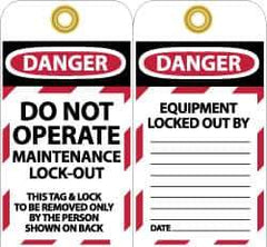 NMC - 3" High x 6" Long, DO NOT OPERATE MAINTENANCE LOCKOUT, English Safety & Facility Lockout Tag - Tag Header: Danger, 2 Sides, Black, Red & White Unrippable Vinyl - Industrial Tool & Supply