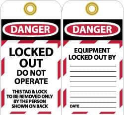 NMC - 3" High x 6" Long, LOCKED OUT - DO NOT OPERATE, English Safety & Facility Lockout Tag - Tag Header: Danger, 2 Sides, Black, Red & White Unrippable Vinyl - Industrial Tool & Supply