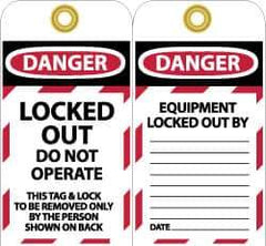 NMC - 3" High x 6" Long, LOCKED OUT - DO NOT OPERATE, English Safety & Facility Lockout Tag - Tag Header: Danger, 2 Sides, Black, Red & White Unrippable Vinyl - Industrial Tool & Supply