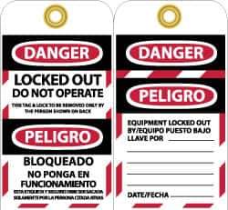 NMC - 3" High x 6" Long, DANGER - LOCKED OUT - DO NOT OPERATE - THIS TAG & LOCK TO BE REMOVED ONLY BY THE PERSON SHOWN ON BACK, English & Spanish Safety & Facility Lockout Tag - Tag Header: Danger, 2 Sides, Black, Red & White Vinyl - Industrial Tool & Supply