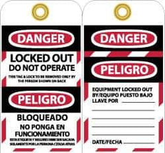 NMC - 3" High x 6" Long, DANGER - LOCKED OUT - DO NOT OPERATE - THIS TAG & LOCK TO BE REMOVED ONLY BY THE PERSON SHOWN ON BACK, English & Spanish Safety & Facility Lockout Tag - Tag Header: Danger, 2 Sides, Black, Red & White Vinyl - Industrial Tool & Supply