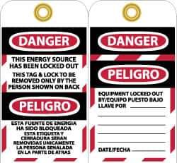 NMC - 3" High x 6" Long, DANGER - THIS ENERGY SOURCE HAS BEEN LOCKED OUT - THIS TAB & LOCK TO BE REMOVED ONLY BY THE PERSON SHOWN ON BACK, English & Spanish Safety & Facility Lockout Tag - Tag Header: Danger, 2 Sides, Black, Red & White Vinyl - Industrial Tool & Supply