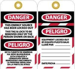 NMC - 3" High x 6" Long, DANGER - THIS ENERGY SOURCE HAS BEEN LOCKED OUT - THIS TAB & LOCK TO BE REMOVED ONLY BY THE PERSON SHOWN ON BACK, English & Spanish Safety & Facility Lockout Tag - Tag Header: Danger, 2 Sides, Black, Red & White Vinyl - Industrial Tool & Supply