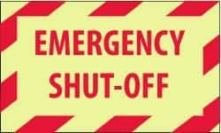 NMC - Accident Prevention Label - Legend: Emergency Shut-Off, English, Red on Yellow, 5" Long x 3" High, Sign Muscle Finish - Industrial Tool & Supply