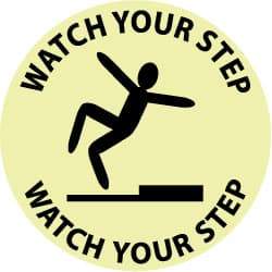 NMC - Watch Your Step - Watch Your Step, Anti-Skid Polyester Floor Sign - Round, Black on Yellow (Glow), Adhesive Backed, For Accident Prevention - Industrial Tool & Supply