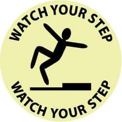 NMC - Watch Your Step - Watch Your Step, Anti-Skid Polyester Floor Sign - Round, Black on Yellow (Glow), Adhesive Backed, For Accident Prevention - Industrial Tool & Supply