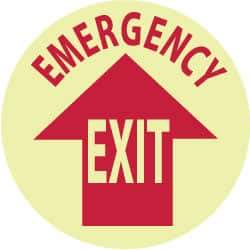 NMC - Emergency Exit, Anti-Skid Polyester Floor Sign - Round, Red on Glow (Yellow), Adhesive Backed, For Exit, Entrance & Directional - Industrial Tool & Supply