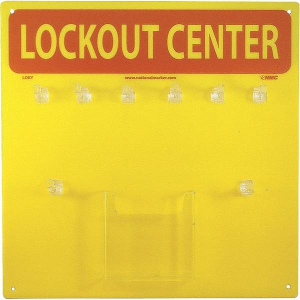 NMC - Empty Plexiglass Tag and Padlock / Hasp Station - 14 Inch Wide x 14 Inch High, Yellow and Yellow on Red - Industrial Tool & Supply