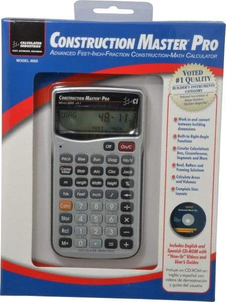 Calculated Industries - 11-Digit (7 normal, 4 Fractions) with Full Annunciators 40 Function Handheld Calculator - 5/8" x 2-1/2" (15.88mm x 63.5mm) Display Size, Silver, LR-44/A76 Powered, 9" Long x 8" Wide x 2" High - Industrial Tool & Supply