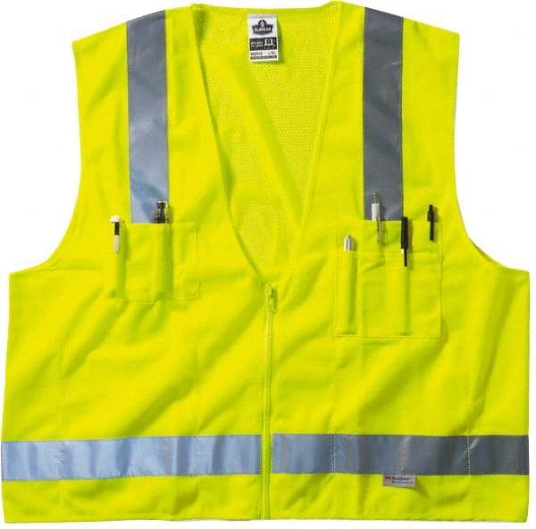 Ergodyne - Size S/M High Visibility Lime Mesh/Solid Surveyor's Vest - 36 to 44" Chest, ANSI/ISEA 107, Zipper Closure, 6 Pockets, Polyester - Industrial Tool & Supply