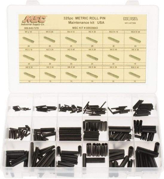 Made in USA - 325 Piece, M1 to M8 Pin Diam, Spring Pin Assortment - 10 to 40mm Long, Steel - Industrial Tool & Supply