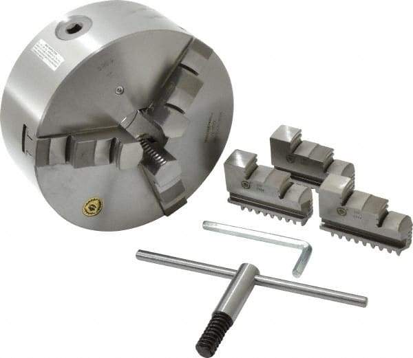 Bison - 3 Jaws, 8" Diam, Self Centering Manual Lathe Chuck - Plain Back Mount Spindle, 2,500 Max RPM, 2.1653" Through Hole Diam, 0.001" Axial Runout, 0.0016" Radial Runout, Cast Iron - Industrial Tool & Supply