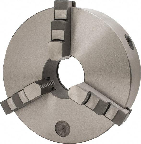 Interstate - 3 Jaws, 10" Diam, Self Centering Manual Lathe Chuck - Plain Back Mount Spindle, 3.1496" Through Hole Diam, 0.003" Axial Runout, Cast Iron - Industrial Tool & Supply