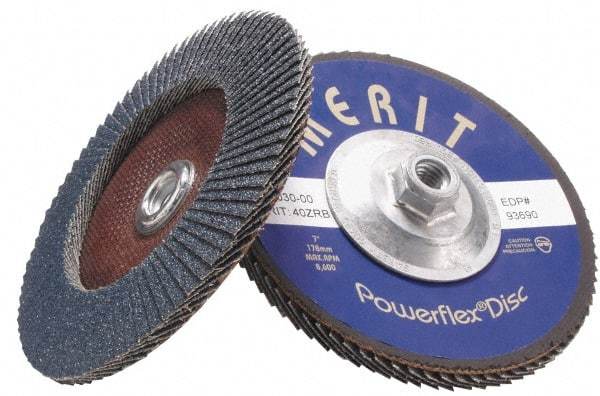 Merit Abrasives - 24 Grit, 4-1/2" Disc Diam, 5/8-11 Center Hole, Type 27 Zirconia Alumina Flap Disc - 13,300 Max RPM, Fiberglass Backing, Arbor Attaching System, Coated - Industrial Tool & Supply