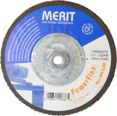 Merit Abrasives - 36 Grit, 7" Disc Diam, 5/8-11 Center Hole, Type 27 Zirconia Alumina Flap Disc - 8,600 Max RPM, Fiberglass Backing, Arbor Attaching System, Coated - Industrial Tool & Supply