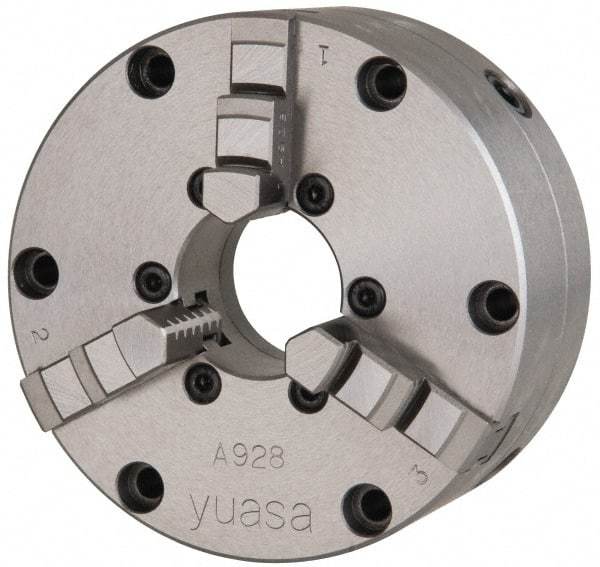 Yuasa - 3 Jaws, 4" Diam, Self Centering Manual Lathe Chuck - Plain Back Mount Spindle, Adjustable, 1.2598" Through Hole Diam, 0.0005" Axial Runout, Cast Iron - Industrial Tool & Supply