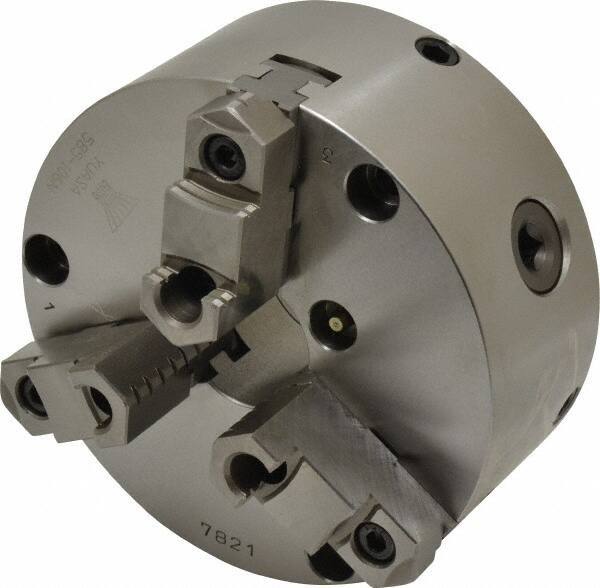 Yuasa - 3 Jaws, 6" Diam, Self Centering Manual Lathe Chuck - Plain Back Mount Spindle, Adjustable, Reversible, 1.7323" Through Hole Diam, 0.0005" Axial Runout, Cast Iron - Industrial Tool & Supply