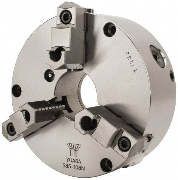 Yuasa - 3 Jaws, 8" Diam, Self Centering Manual Lathe Chuck - Plain Back Mount Spindle, Adjustable, Reversible, 2.4803" Through Hole Diam, 0.0005" Axial Runout, Cast Iron - Industrial Tool & Supply