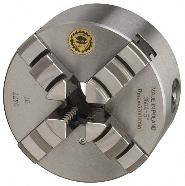 Bison - 4 Jaws, 10" Diam, Self Centering Manual Lathe Chuck - Plain Back Mount Spindle, 2,000 Max RPM, 2.9921" Through Hole Diam, 0.001" Axial Runout, 0.0016" Radial Runout, Cast Iron - Industrial Tool & Supply