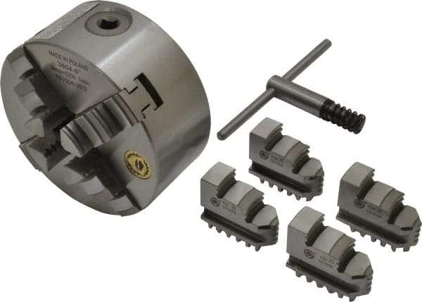 Bison - 4 Jaws, 5" Diam, Self Centering Manual Lathe Chuck - Plain Back Mount Spindle, 3,200 Max RPM, 9.921" Through Hole Diam, 0.0008" Axial Runout, 0.0012" Radial Runout, Cast Iron - Industrial Tool & Supply