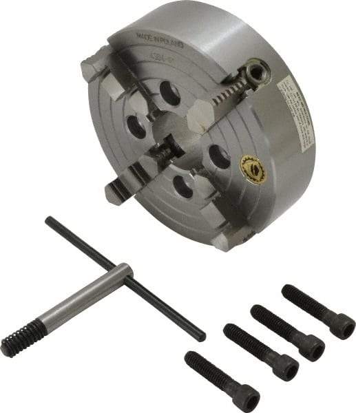 Bison - 4 Jaws, 6" Diam, Independent Manual Lathe Chuck - Plain Back Mount Spindle, Reversible, 3,200 Max RPM, 1.6535" Through Hole Diam, Cast Iron - Industrial Tool & Supply