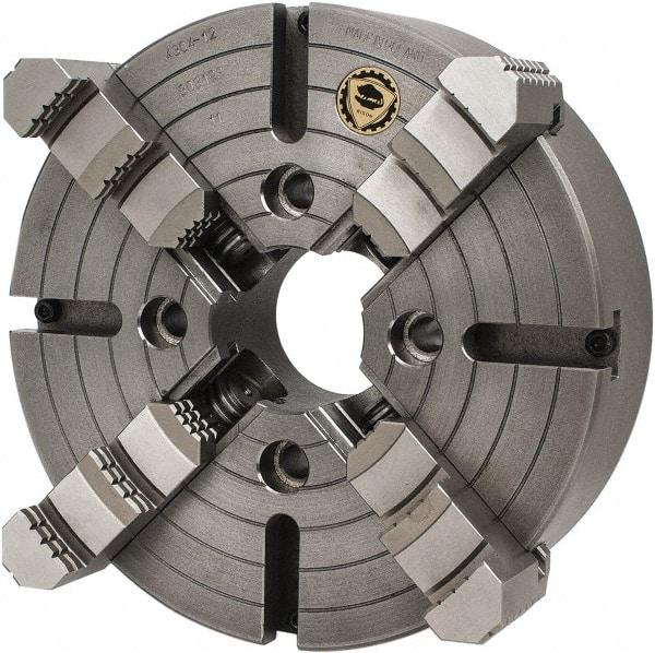 Bison - 4 Jaws, 12" Diam, Independent Manual Lathe Chuck - Plain Back Mount Spindle, Reversible, 1,200 Max RPM, 3.1496" Through Hole Diam, Cast Iron - Industrial Tool & Supply
