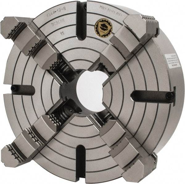 Bison - 4 Jaws, 12" Diam, Independent Manual Lathe Chuck - D1-8 Mount Spindle, Reversible, 3.1496" Through Hole Diam, Cast Iron - Industrial Tool & Supply