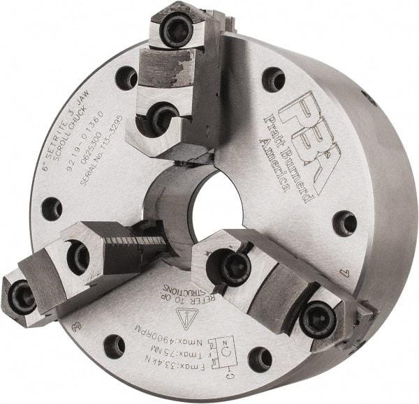 Pratt Burnerd America - 3 Jaws, 6" Diam, Self Centering Manual Lathe Chuck - Plain Back Mount Spindle, Adjustable, Reversible, 4,900 Max RPM, 1.81" Through Hole Diam, Forged Steel - Industrial Tool & Supply