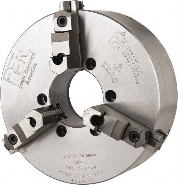 Pratt Burnerd America - 3 Jaws, 12" Diam, Self Centering Manual Lathe Chuck - Plain Back Mount Spindle, Adjustable, Reversible, 2,300 Max RPM, 4.06" Through Hole Diam, Forged Steel - Industrial Tool & Supply